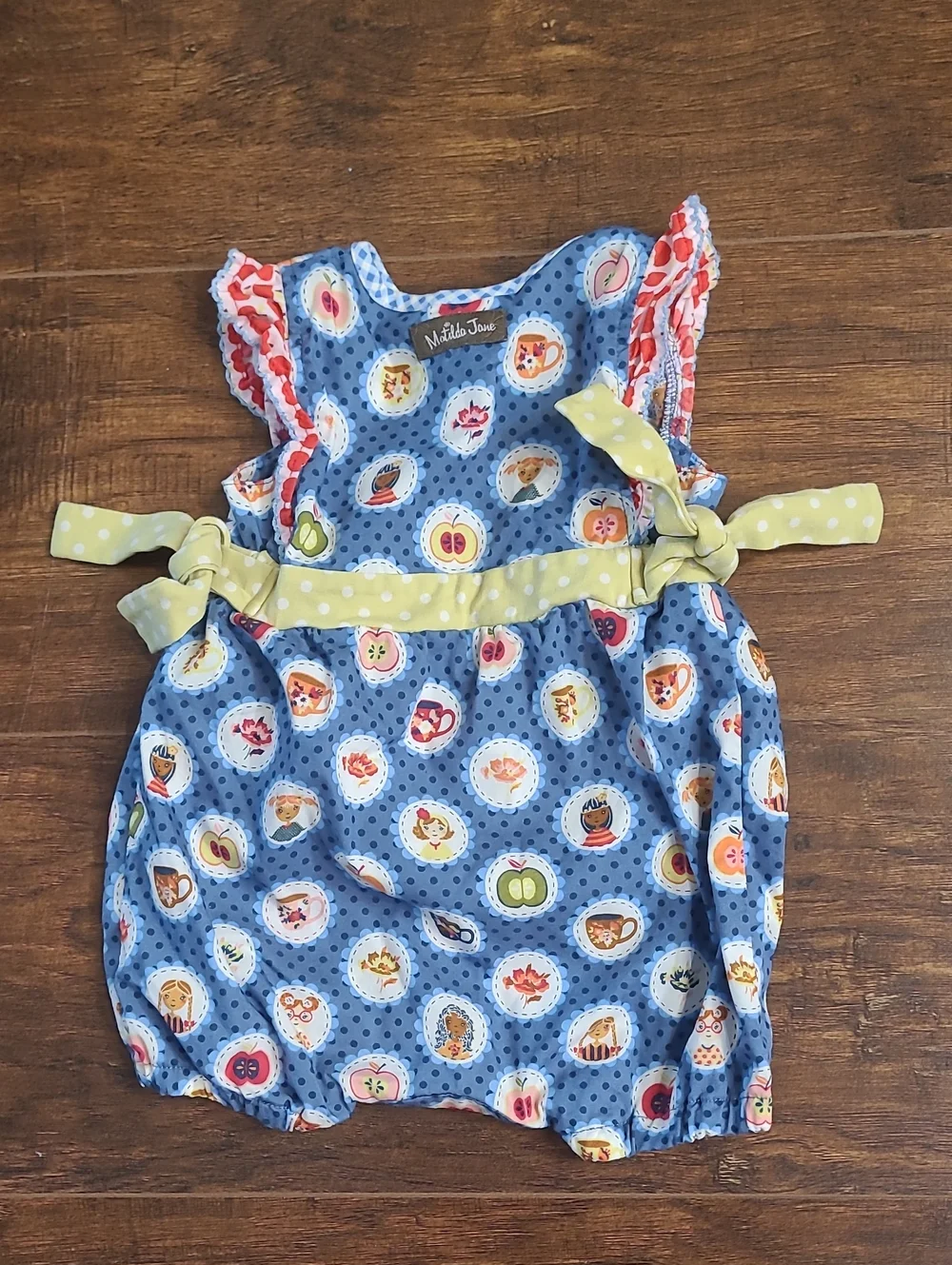 Matilda Jane Blue Polka Dot Fruit Medallion Romper with Yellow Tie Size 3 To 6 M